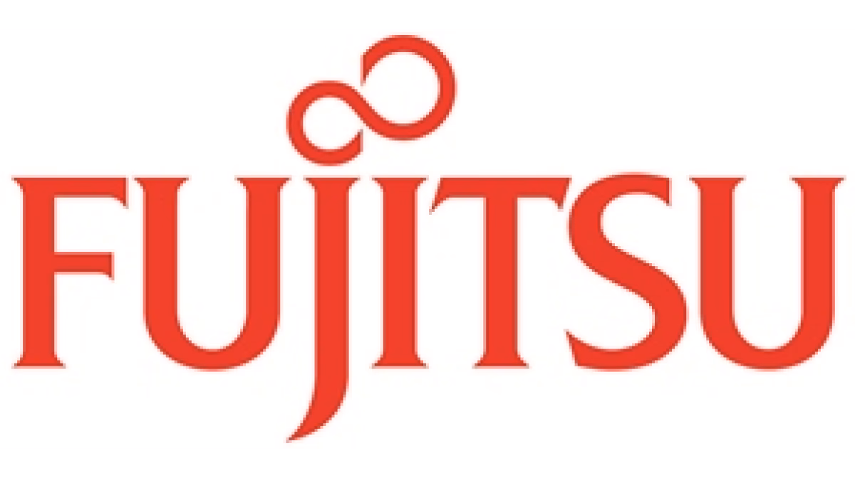 Fujitsu logo in red with infinity symbol above the "i".