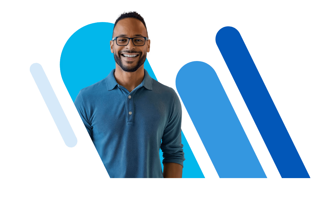 Smiling Black business owner in glasses wearing a blue polo shirt