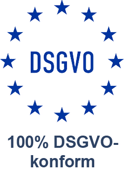 100% DSGVO conform, surrounded by stars.