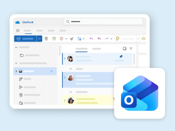 Microsoft Outlook interface with an inbox view and the Outlook app icon.