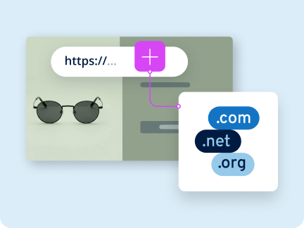 Onlineshop mit Brille und Domainwahl, inklusive .com, .net, .org.