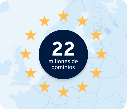 Círculo con 22 millones de dominios rodeado de estrellas sobre un mapa.