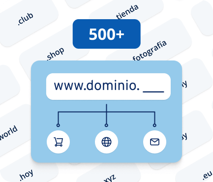 Buscador de dominio con más de 500 extensiones e íconos de tienda, sitio web y correo.