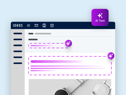 IONOS email editor with AI Text generator tool highlighting text fields in purple.
