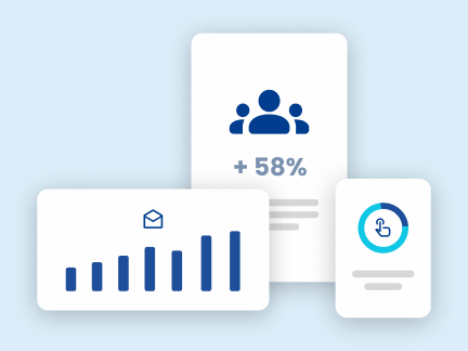 Three cards showing email marketing stats with a +58% audience growth icon, a bar chart and an engagement indicator.