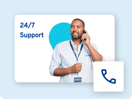 Customer support agent on phone with 24/7 support label and call icon