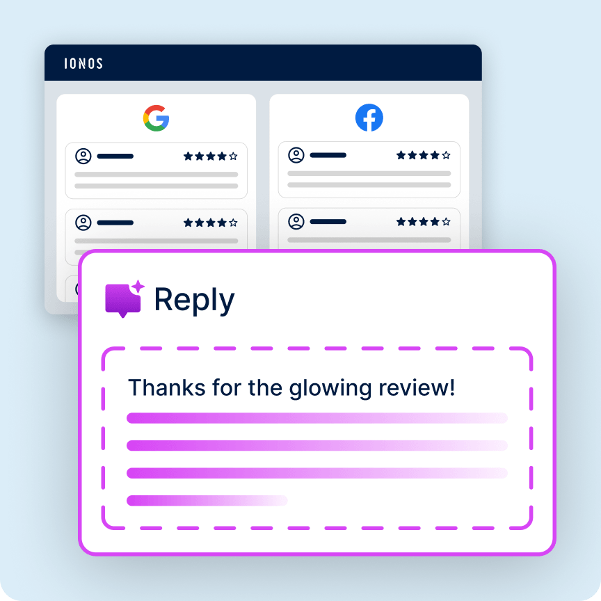 IONOS interface showing Google and Facebook reviews with an AI-generated reply card.