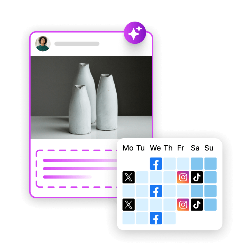 AI-generated social media post with a weekly scheduling calendar showing Facebook, X, Instagram and TikTok.