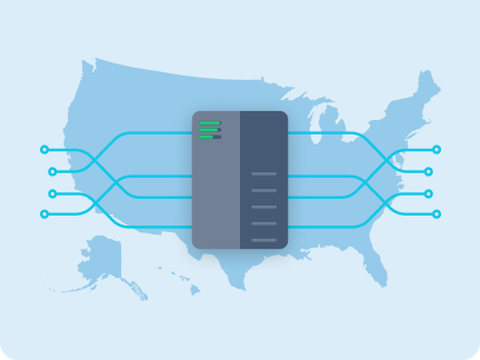 Server icons and connectors overlaying a map of the USA