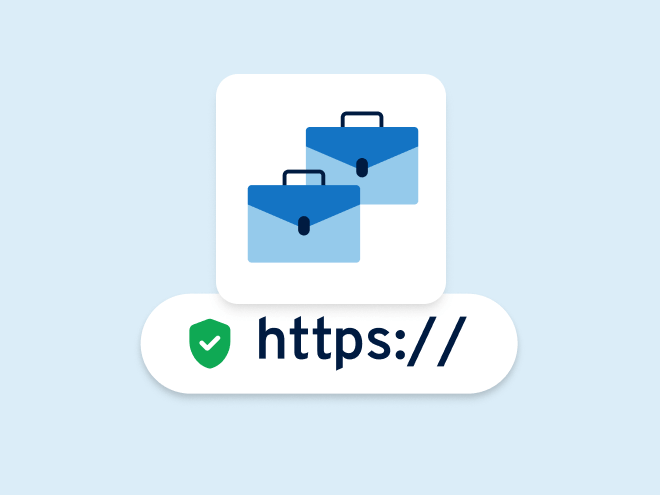 HTTPS connection with a padlock icon and stacked servers, representing secure encrypted data transfer across systems.