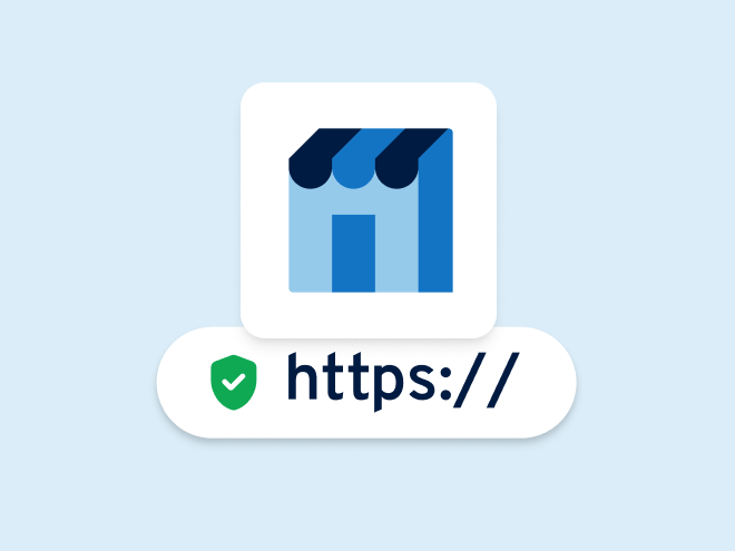 Website with HTTPS icon and shop icon, representing secure encrypted online shops and protected transactions.