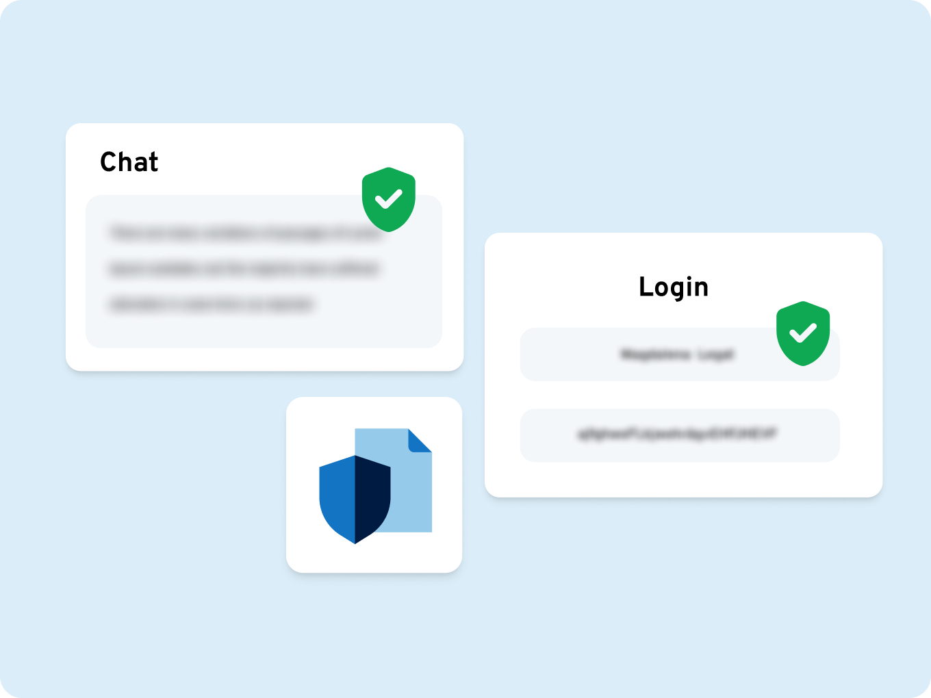 Chat and login windows with a security checkmark and shield, representing secure communication and protected logins.