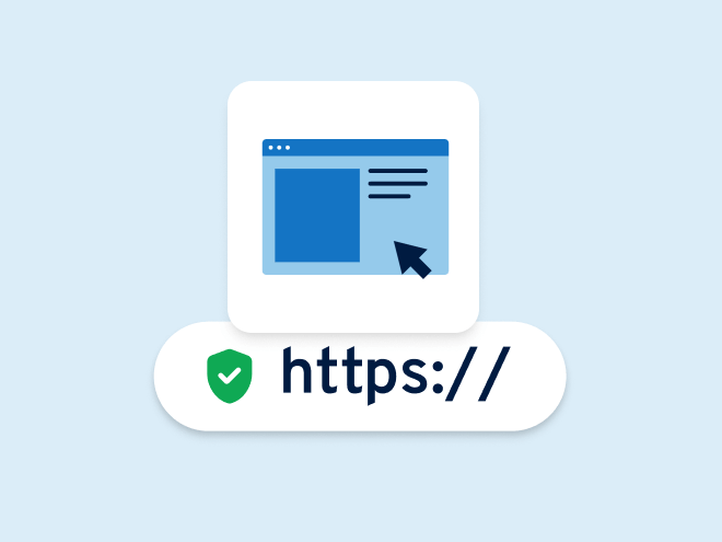 Website with HTTPS icon and cursor, representing secure encrypted use of websites and forms.