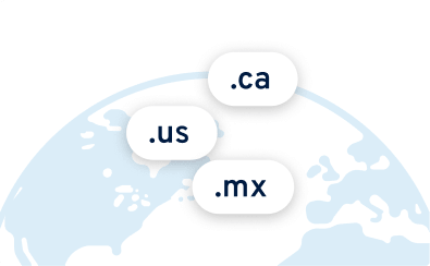 Globe illustration with country domain extensions .ca, .us and .mx.