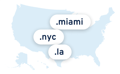 US map with regional domain extensions .miami, .nyc and .la.