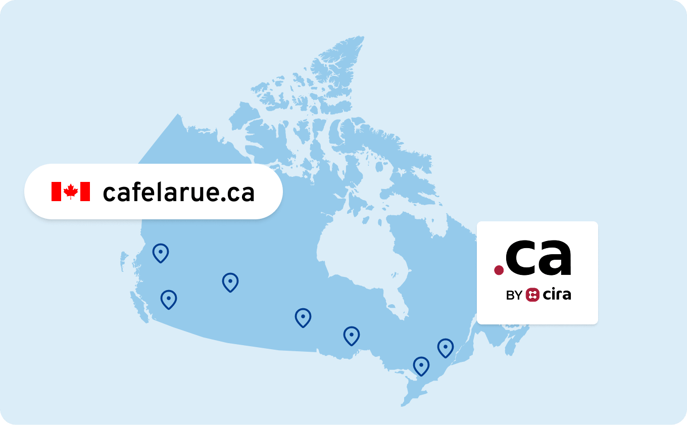 Map of Canada with location pins and the domain cafelarue.ca with Canadian flag and .ca logo by CIRA.
