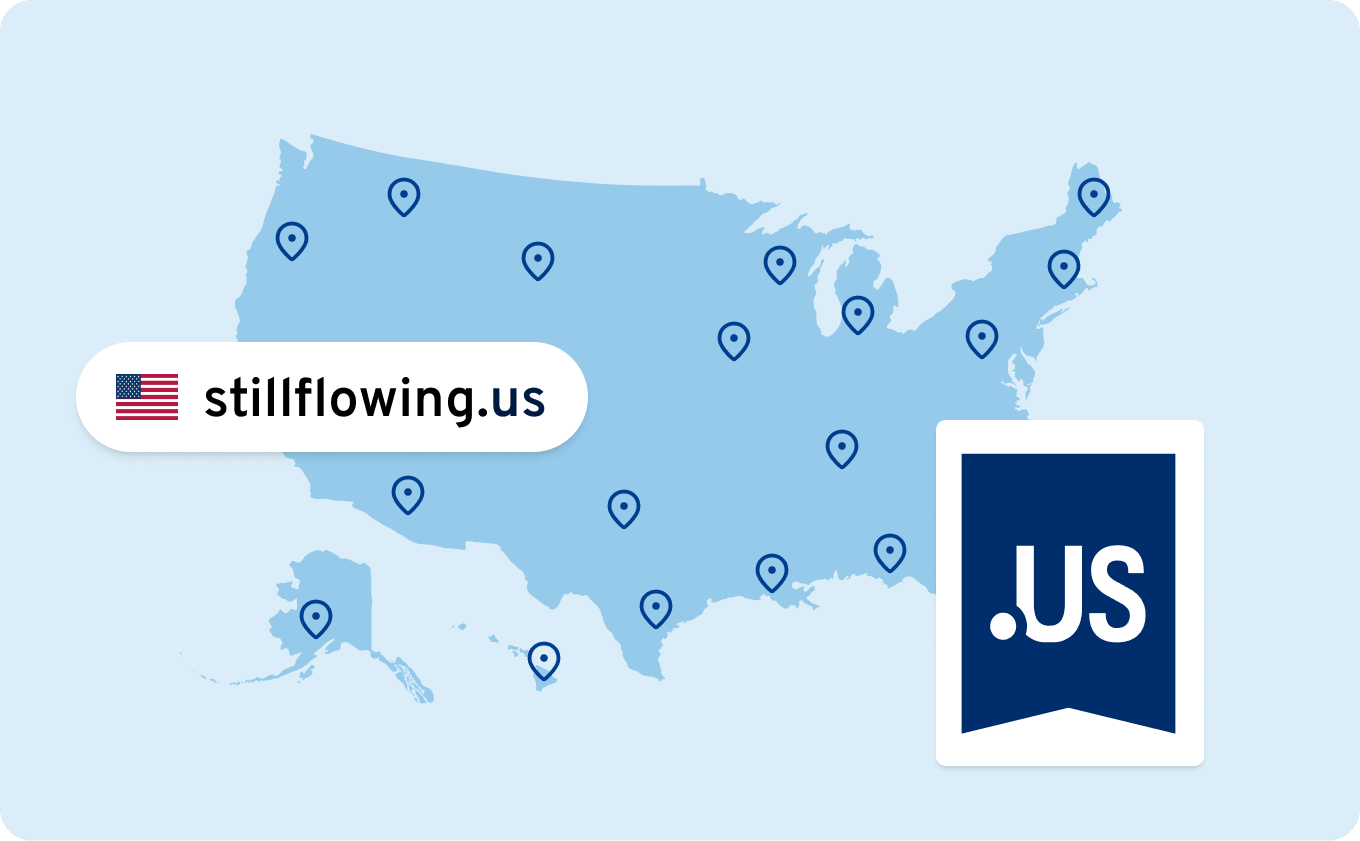 US map with location pins, a stillflowing.us domain badge and a .US extension icon.