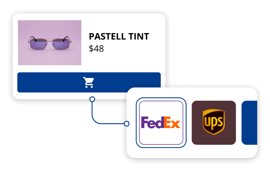 Product card with shipping options including FedEx and UPS.