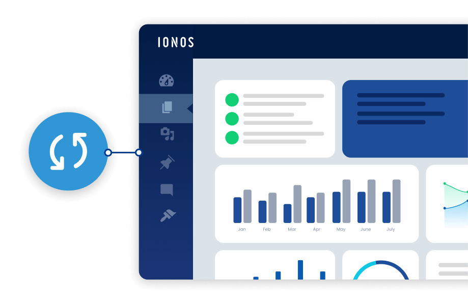 Dashboard interface with analytics and an icon indicating automated syncing or updates.