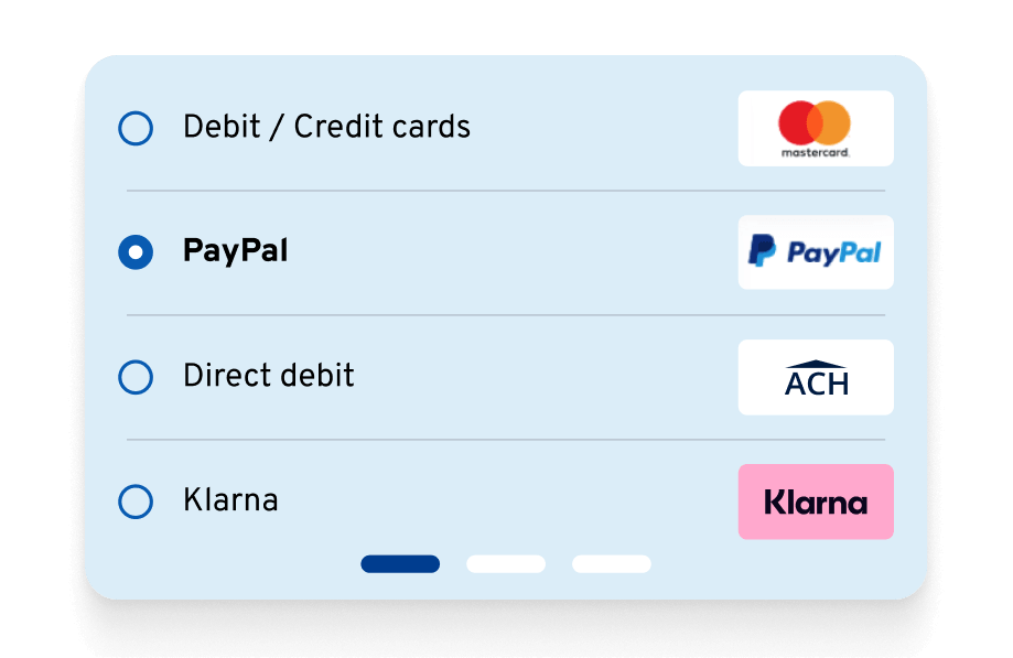 Payment selection screen showing PayPal, credit card, direct debit, and Klarna options.