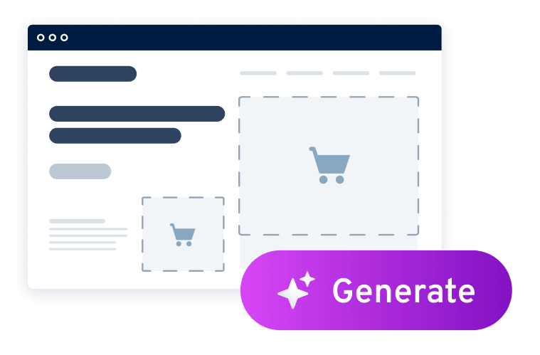 Website builder interface with empty e-commerce layout and “Generate” button for AI content creation.
