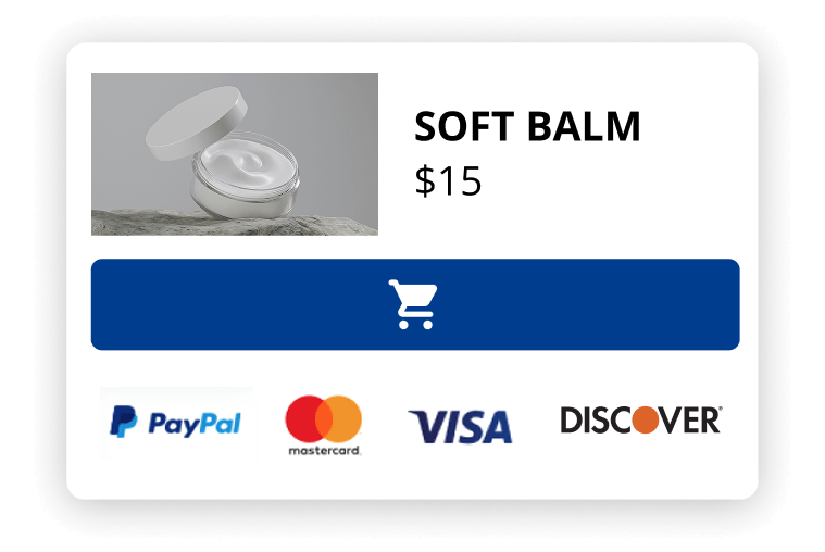 Product card for soft balm with price, add-to-cart button, and payment options including PayPal, Mastercard, Visa, and Discover.