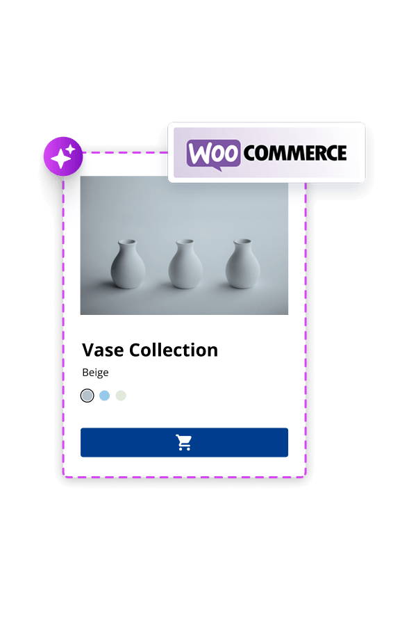 WooCommerce product card showing a vase collection with color options and add-to-cart button.