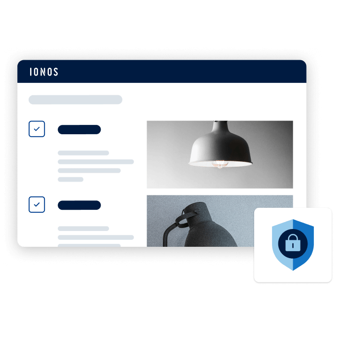 IONOS interface showing content management with a security shield icon.