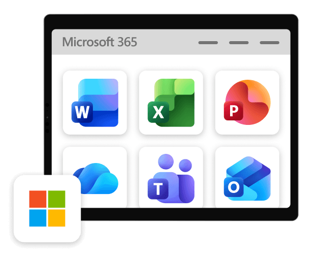 Interface with Microsoft Windows logo and Microsoft 365 apps and icons.