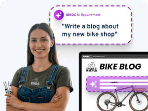 Woman requesting an AI-written blog post for her bike shop with a bike blog preview.