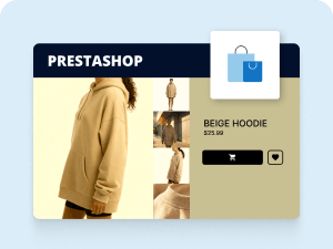 PrestaShop online store displaying a product page with hoodie, price, and add-to-cart option.