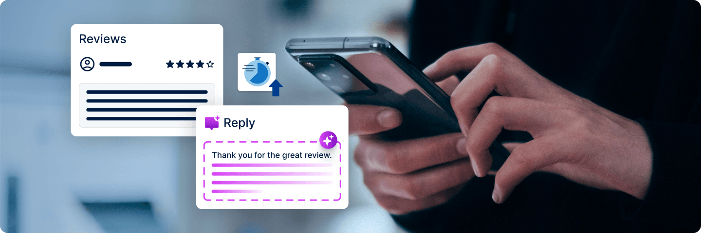 IONOS interface showing Google and Facebook reviews with an AI-generated reply card.