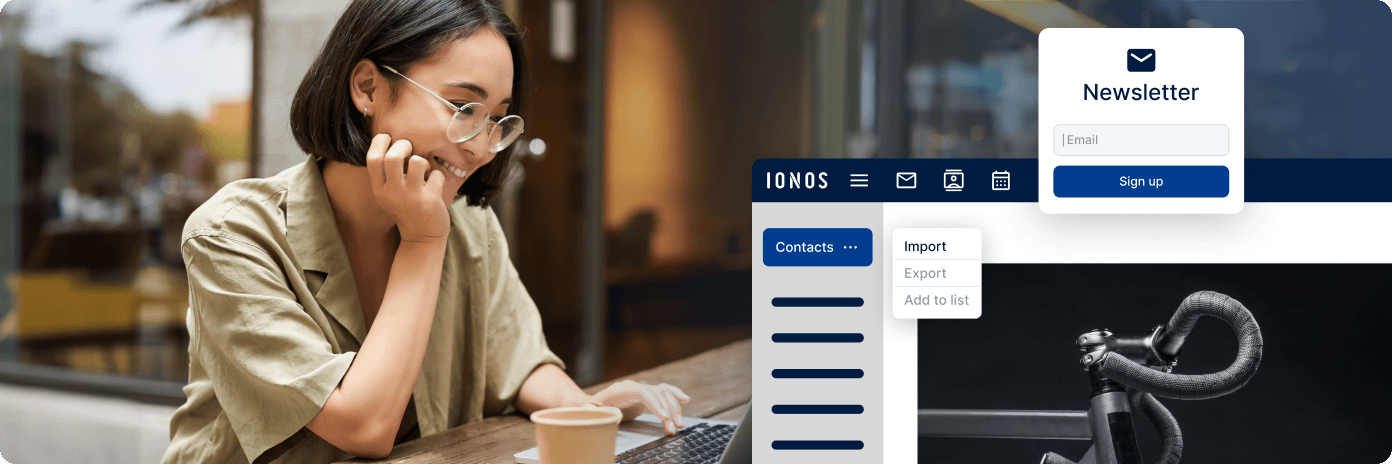 Woman smiling at a laptop next to an IONOS contacts interface and a newsletter sign-up form.