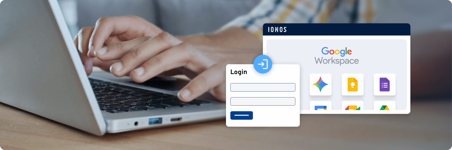 Laptop mit IONOS-Login und Google Workspace Oberfläche: steht für schnelle Einrichtung und einfachen Einstieg in professionelle E-Mail-Lösungen.