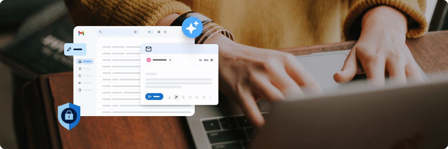 E-Mail-Oberfläche mit Sicherheits- und KI-Symbolen beim Arbeiten am Laptop: steht für sichere, intelligente E-Mail-Kommunikation mit Assistenzfunktionen.