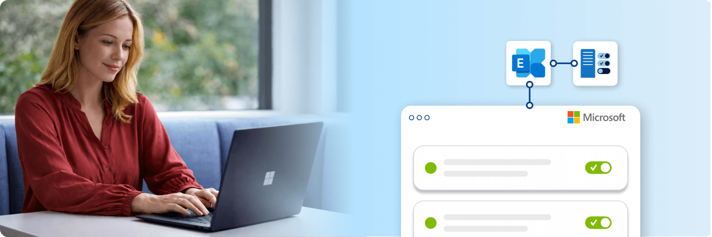 Frau arbeitet am Laptop; daneben Microsoft- und Exchange-Symbole mit Serververbindung: steht für einfache Einrichtung und Verwaltung von E-Mail-Diensten in der Cloud.