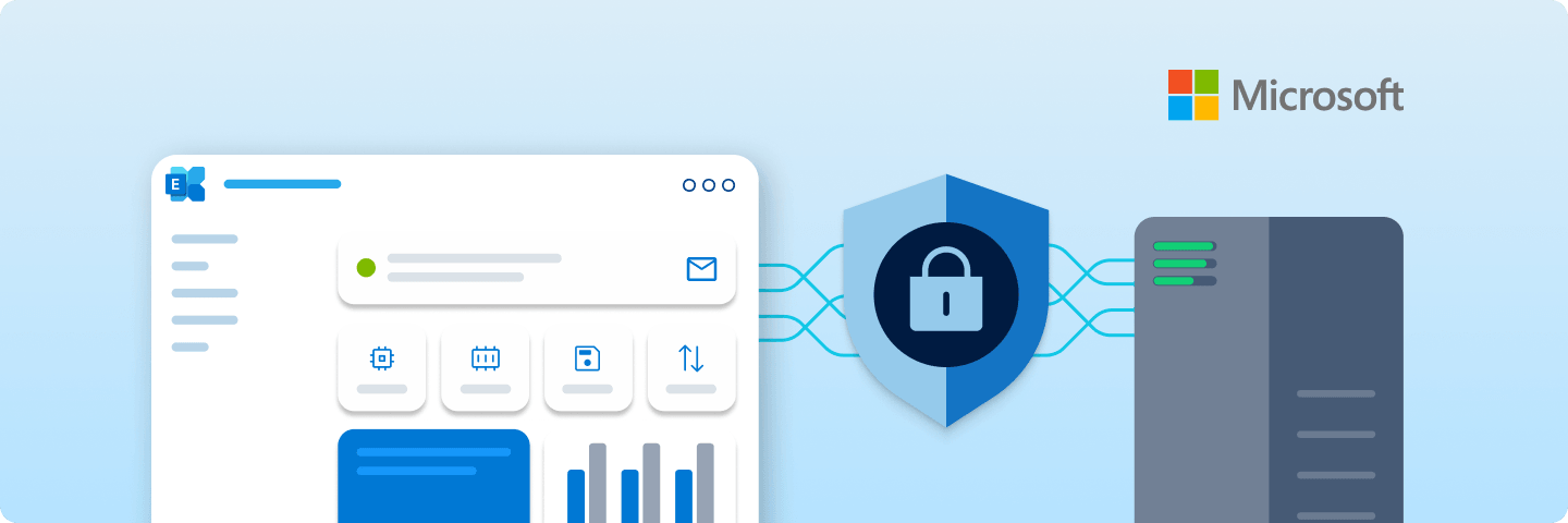 Microsoft-Oberfläche mit E-Mail-Features, verbunden über Schutzschild mit Server: steht für sichere E-Mail-Kommunikation und geschützte Datenübertragung.