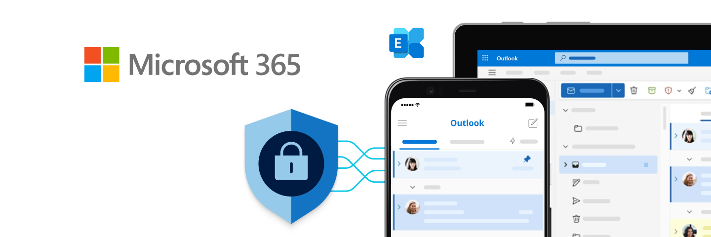 Microsoft 365 logo with a security shield icon connected to Outlook on a smartphone and tablet.