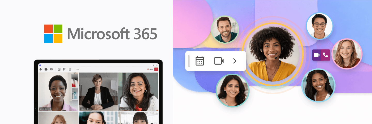 Microsoft 365 logo with a Microsoft Teams video call on a laptop and circular profile photos of team members on a colorful background.