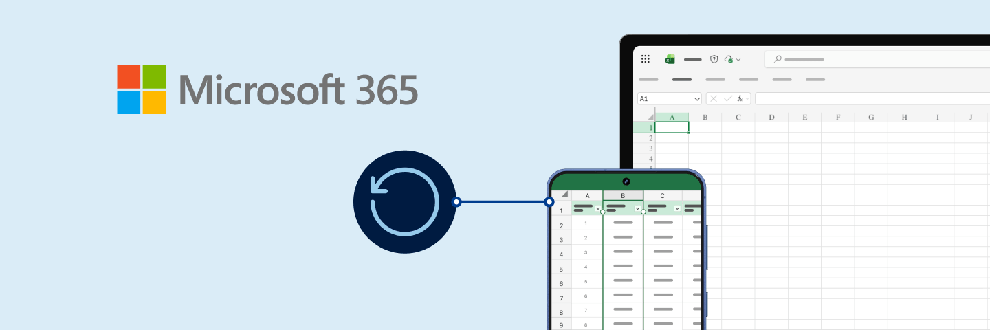 Microsoft 365 logo with an Excel spreadsheet displayed on a smartphone and tablet, alongside a sync icon indicating automatic updates.