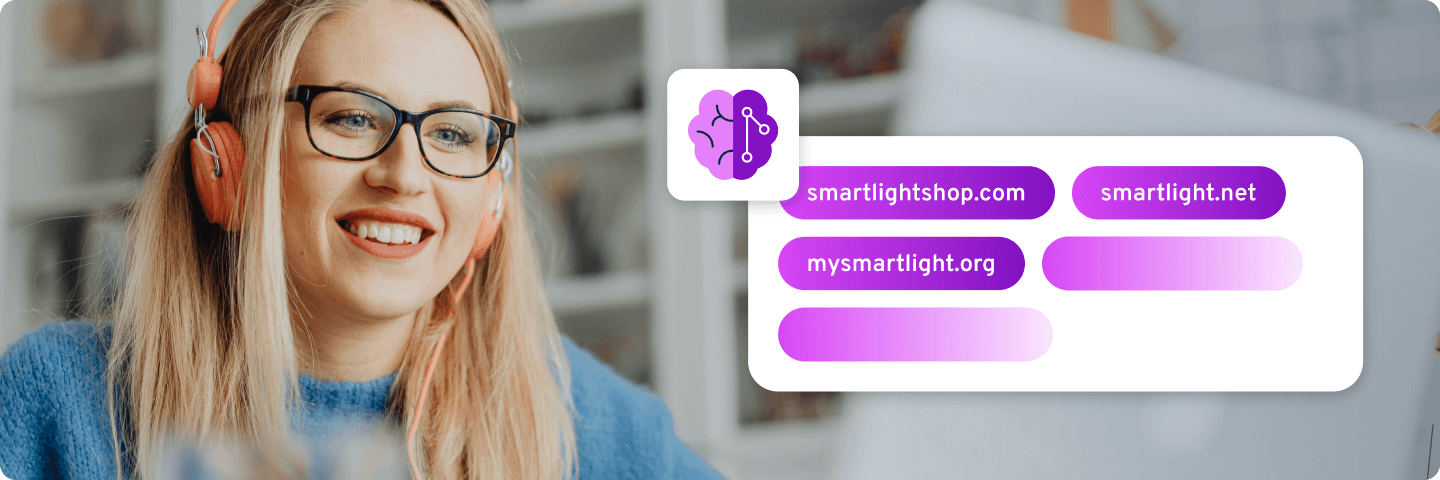 Smiling woman with headphones next to an AI-generated domain suggestions card showing smartlightshop.com and others.