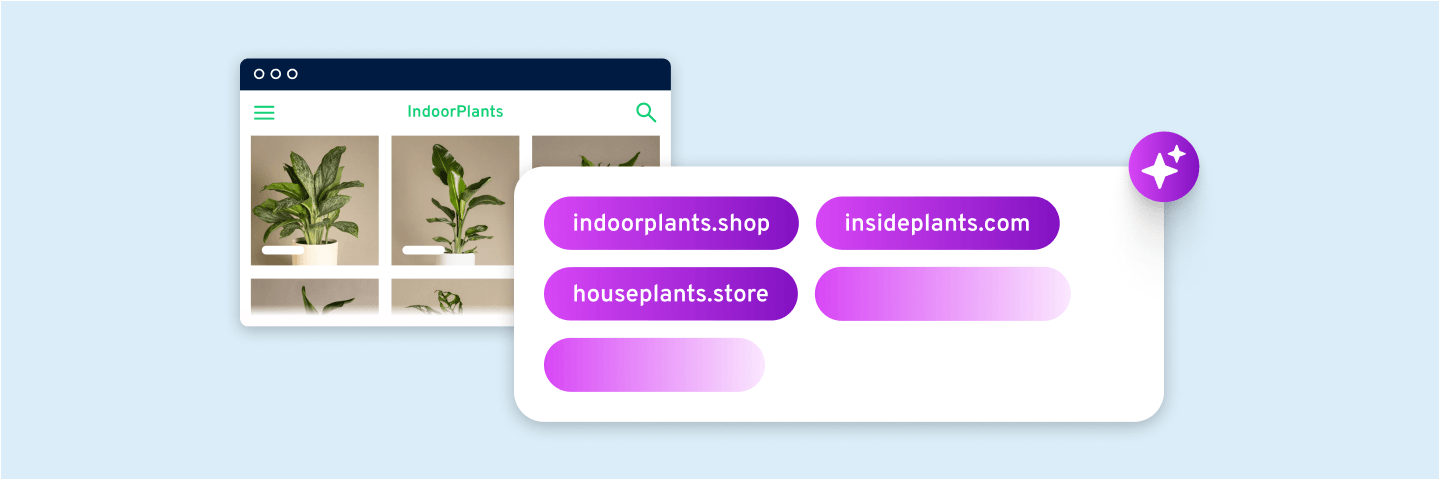 Indoor plants webshop next to an AI-generated domain suggestions card showing indoorplants.shop, houseplants.store and others.