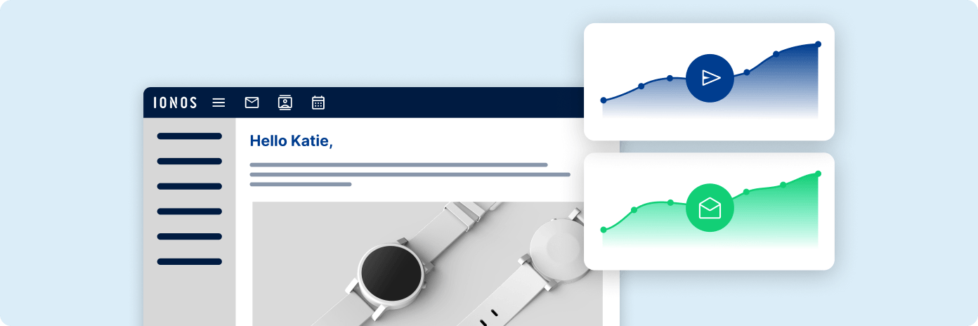 IONOS email interface with a personalized newsletter and two performance charts showing send and open rates.