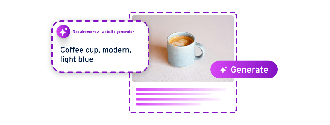 AI website generator interface showing a prompt for a modern light blue coffee cup, with generated image preview and a “Generate” button to create content automatically.