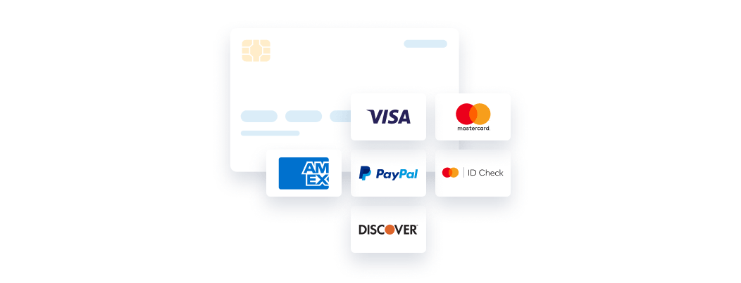 Online payment interface displaying a credit card alongside accepted payment methods including Visa, Mastercard, American Express, PayPal, Discover, and ID Check verification.
