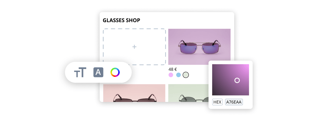 Website builder interface for an online glasses shop, showing editable product grid with images, pricing, color options, and design tools for text and color customization.