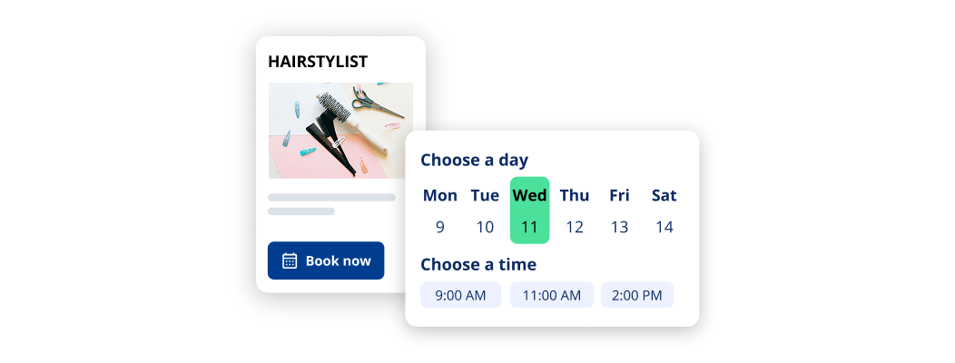 Online booking interface for a hairstylist, showing a service card with a “Book now” button and a scheduling panel to select a day and available appointment times.