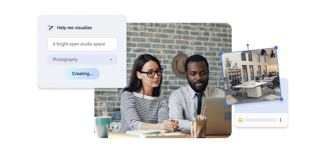 Two colleagues reviewing a laptop with AI workspace visualization suggestions.