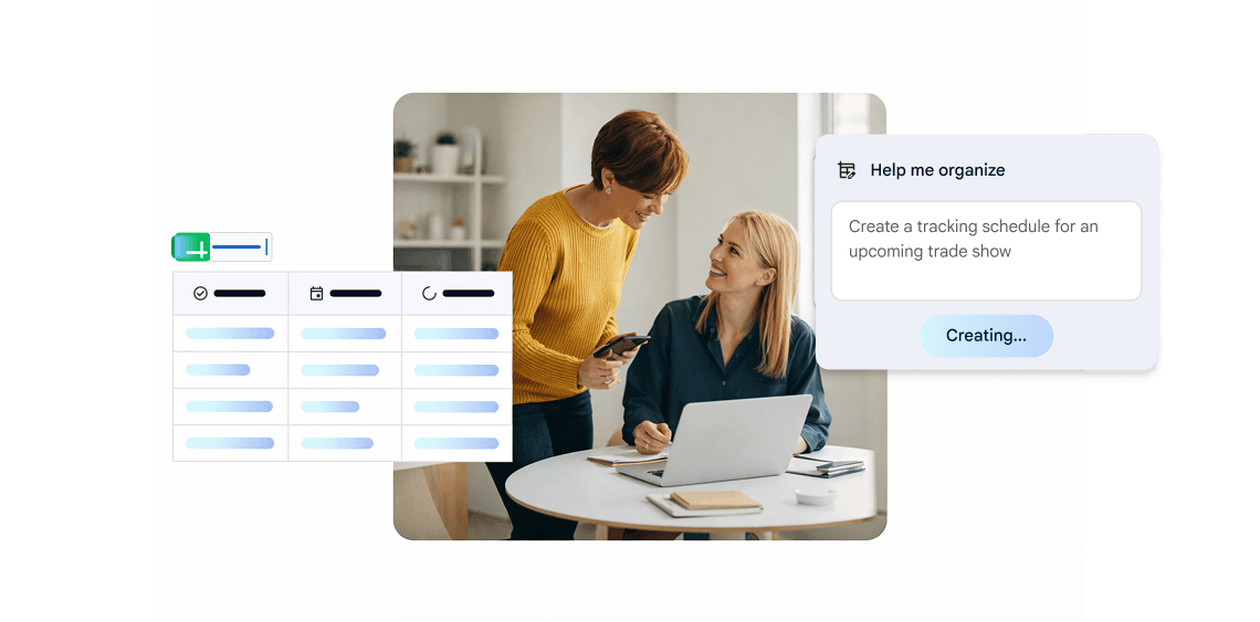 Two coworkers organizing tasks with AI-generated tracking schedule and dashboard.