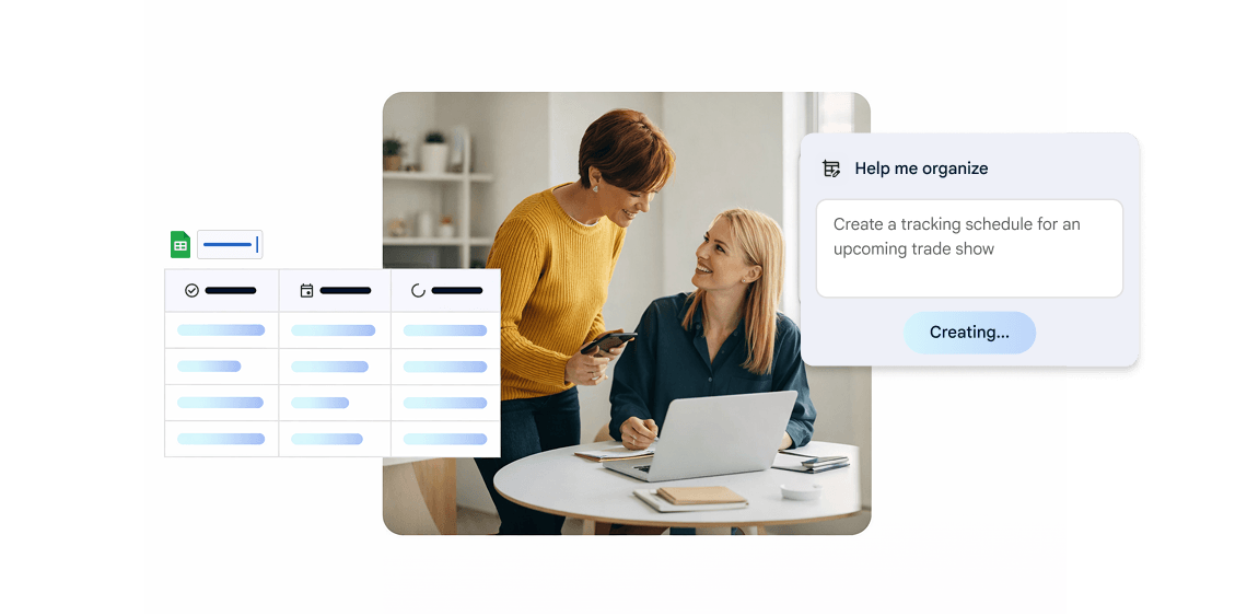 Two coworkers organizing tasks with AI-generated tracking schedule and dashboard.